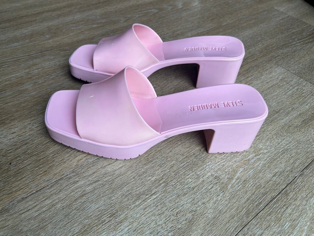 Steve Madden Harlin Pink Jelly Sandals y2k Block Heel Slides Mules Square Toe 8